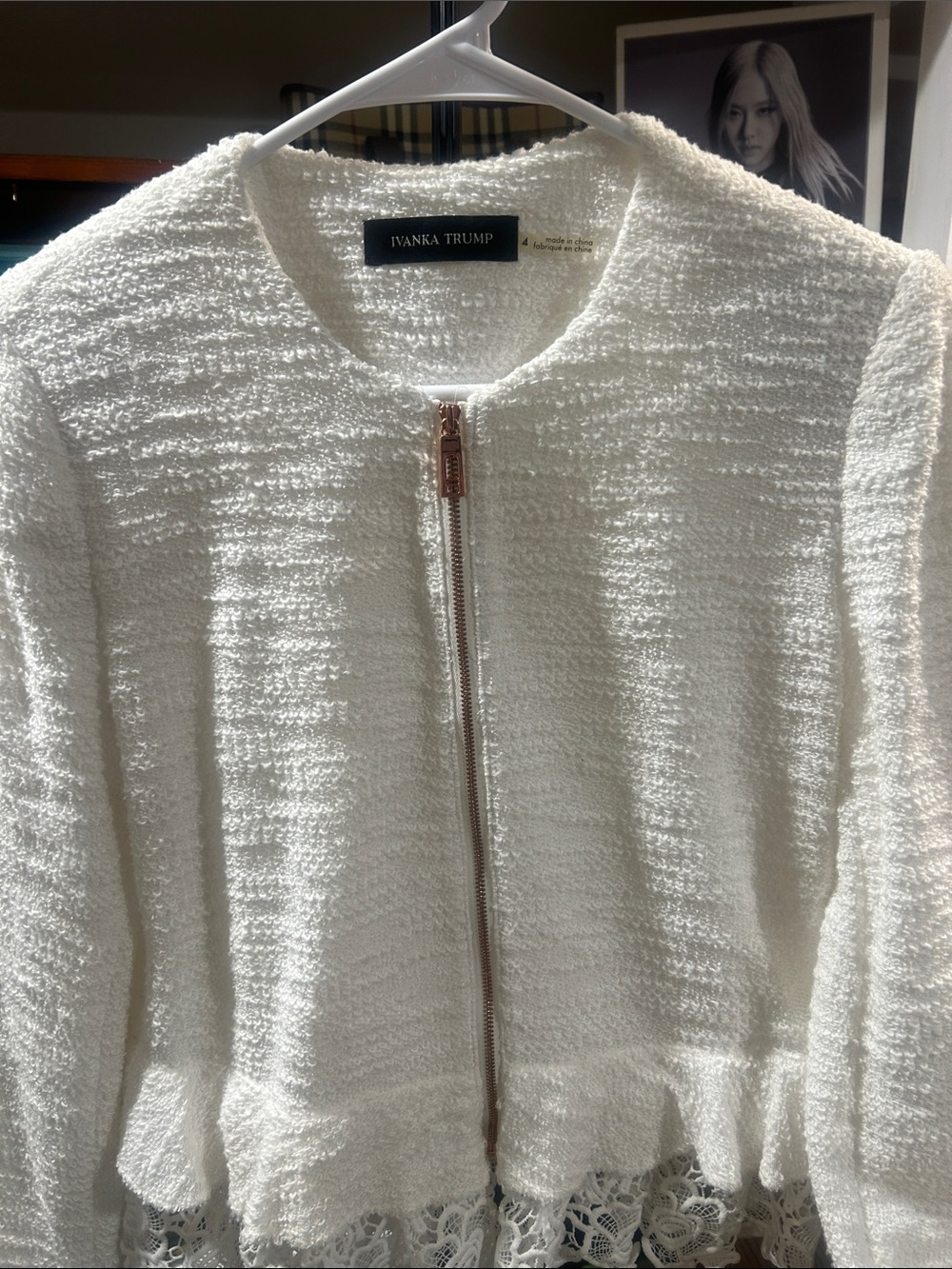 Ivanka Trump Cream Textured Zip-Front Bouclé Jacket with Lace Hem